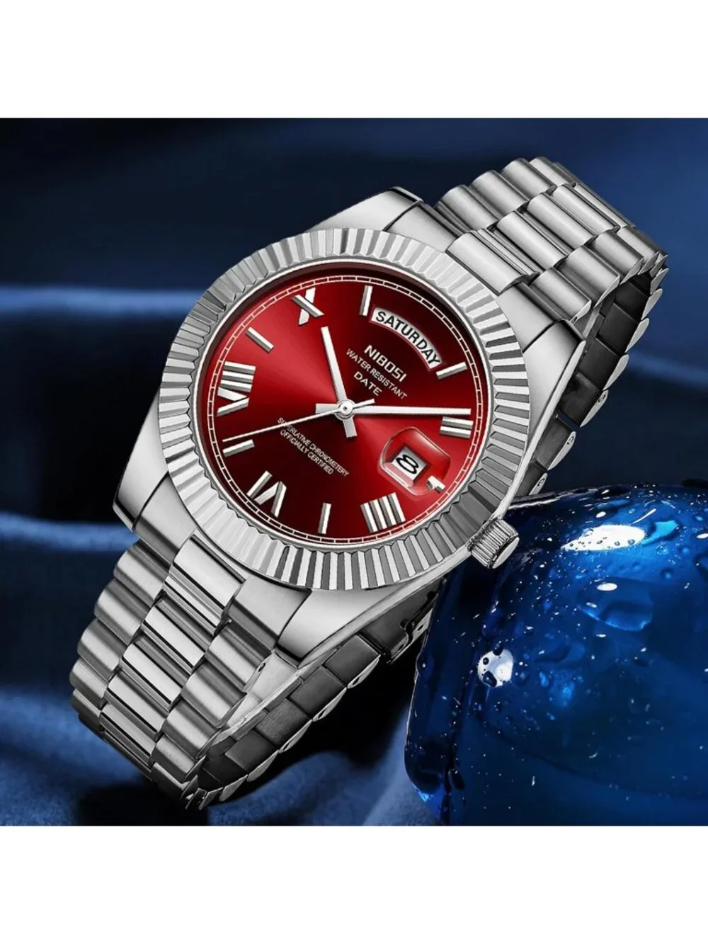Nibosi Men's Silver Red Analog Quartz Stainless Waterproof Desiger Wrist Watch